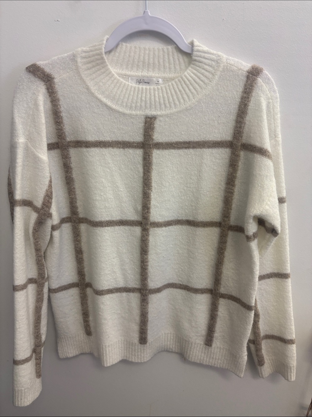 Women's Windowpane Crewneck Sweater - Cream & Taupe